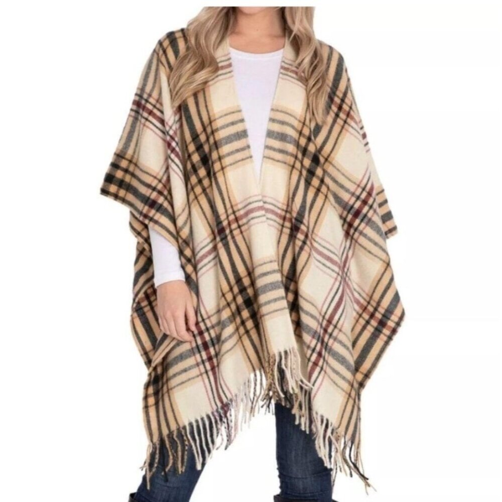 Woolrich Cozy Shawl Wrap Sienna Plaid OS Plaid Wool Shawl Wrap With Fringe